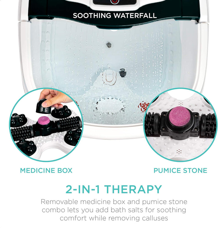 Motorized Foot Spa Bath Massager, Adjustable Waterfall Shower & Fast Heating, Automatic Shiatsu Pedicure Massage, Pumice Stone, Rollers to Relieve Feet Muscle Pain - Black