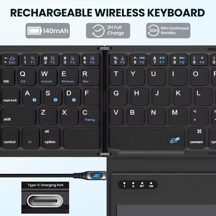 Portable Quadruple Folding Wireless Bluetooth Keyboard with Foldable Touchpad for Windows Android IOS Tablet Ipad Phone