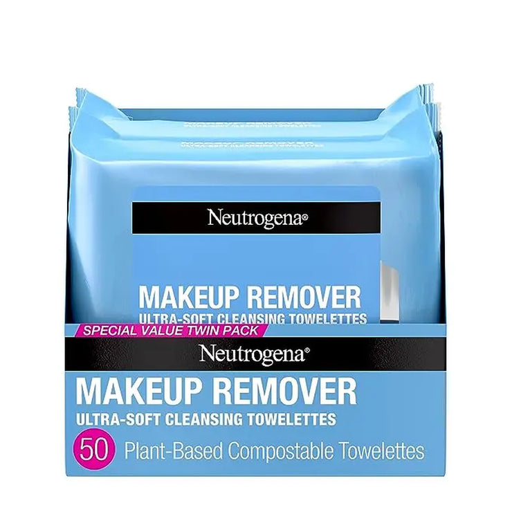 Neutrogena Cleansing Fragrance Free Makeup Remover Face Wipes, Cleansing Facial Towelettes for Waterproof Makeup, Alcohol-Free, Unscented, 100% Plant-Based Fibers, Twin Pack, 2 X 25 Ct